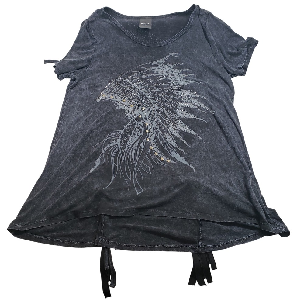 Vocal Women Graphic Fringe‎ T-Shirt XL Black Acid Wash Rhinestone Studded 15020S